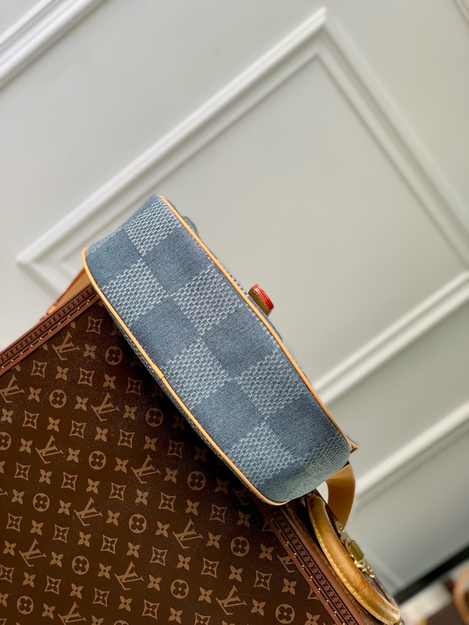 Louis Vuitton Damier Denim Blue Crossbody Bag with Tan Leather Strap
