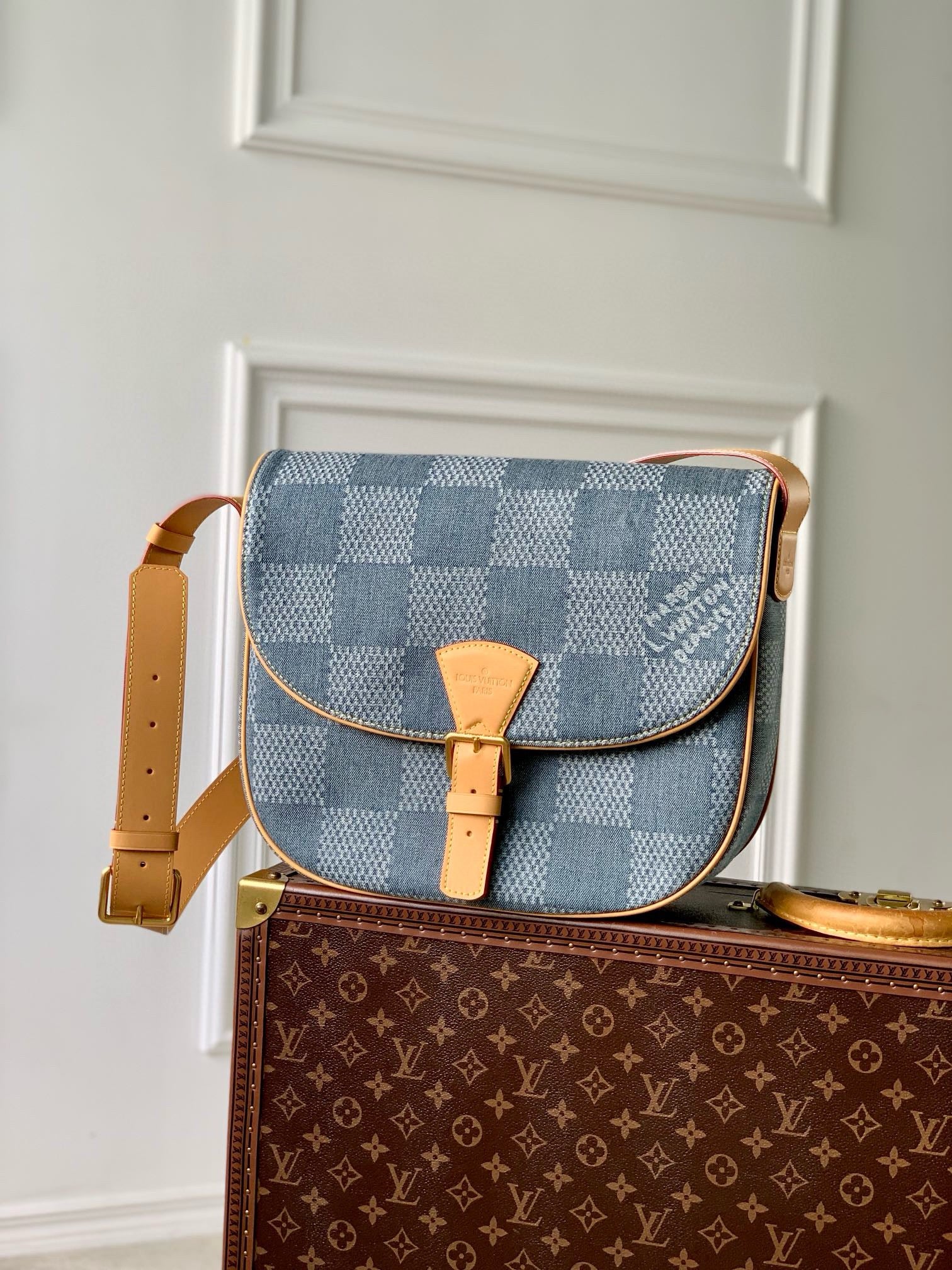 Louis Vuitton Damier Denim Blue Crossbody Bag with Tan Leather Strap