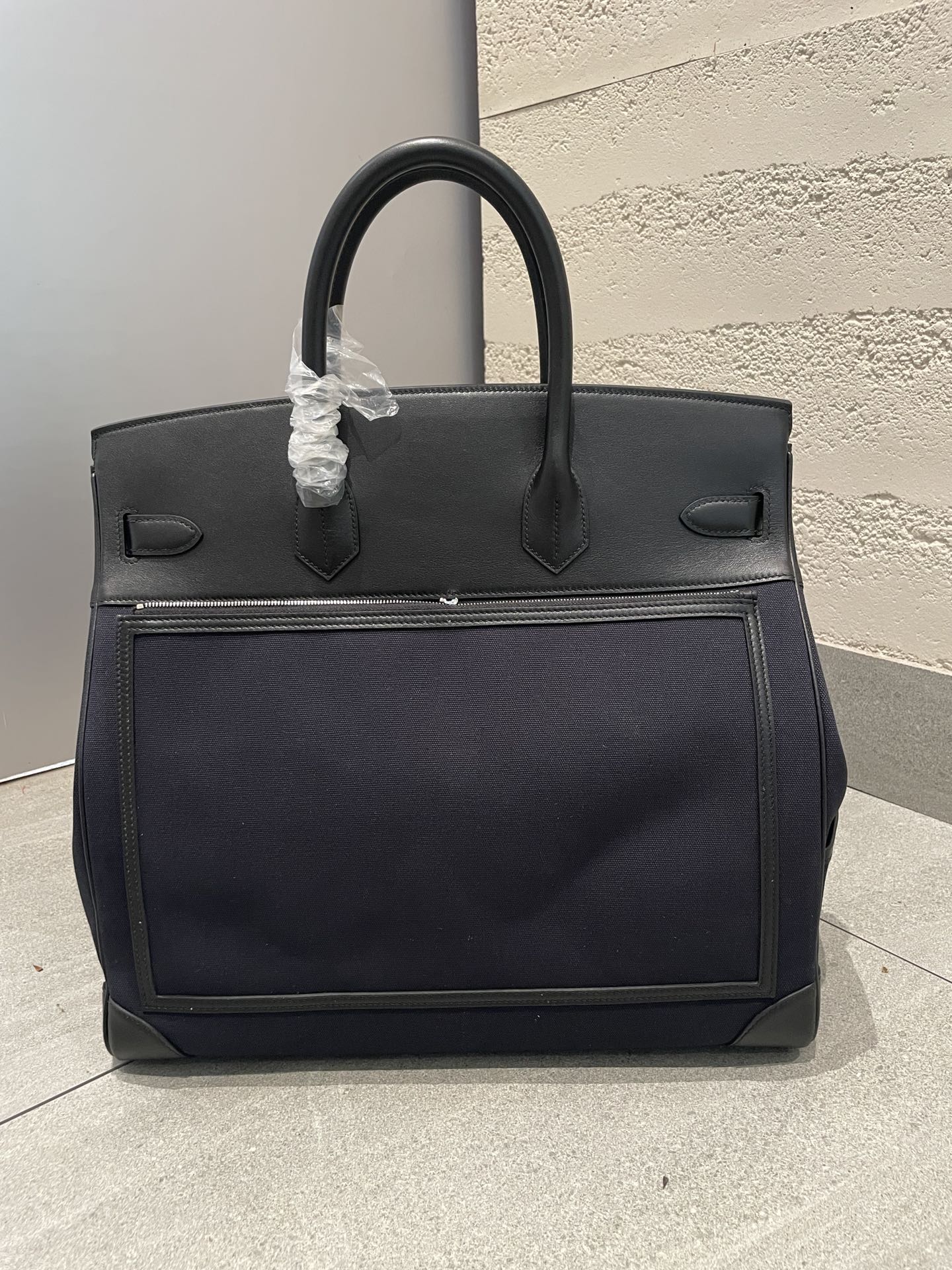 Large Multi-Pocket Canvas and Leather Top Handle Satchel Bag - Black