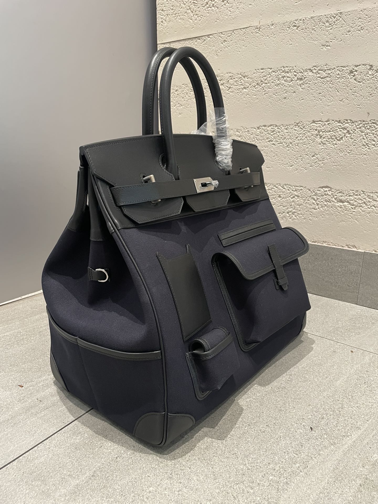 Large Multi-Pocket Canvas and Leather Top Handle Satchel Bag - Black