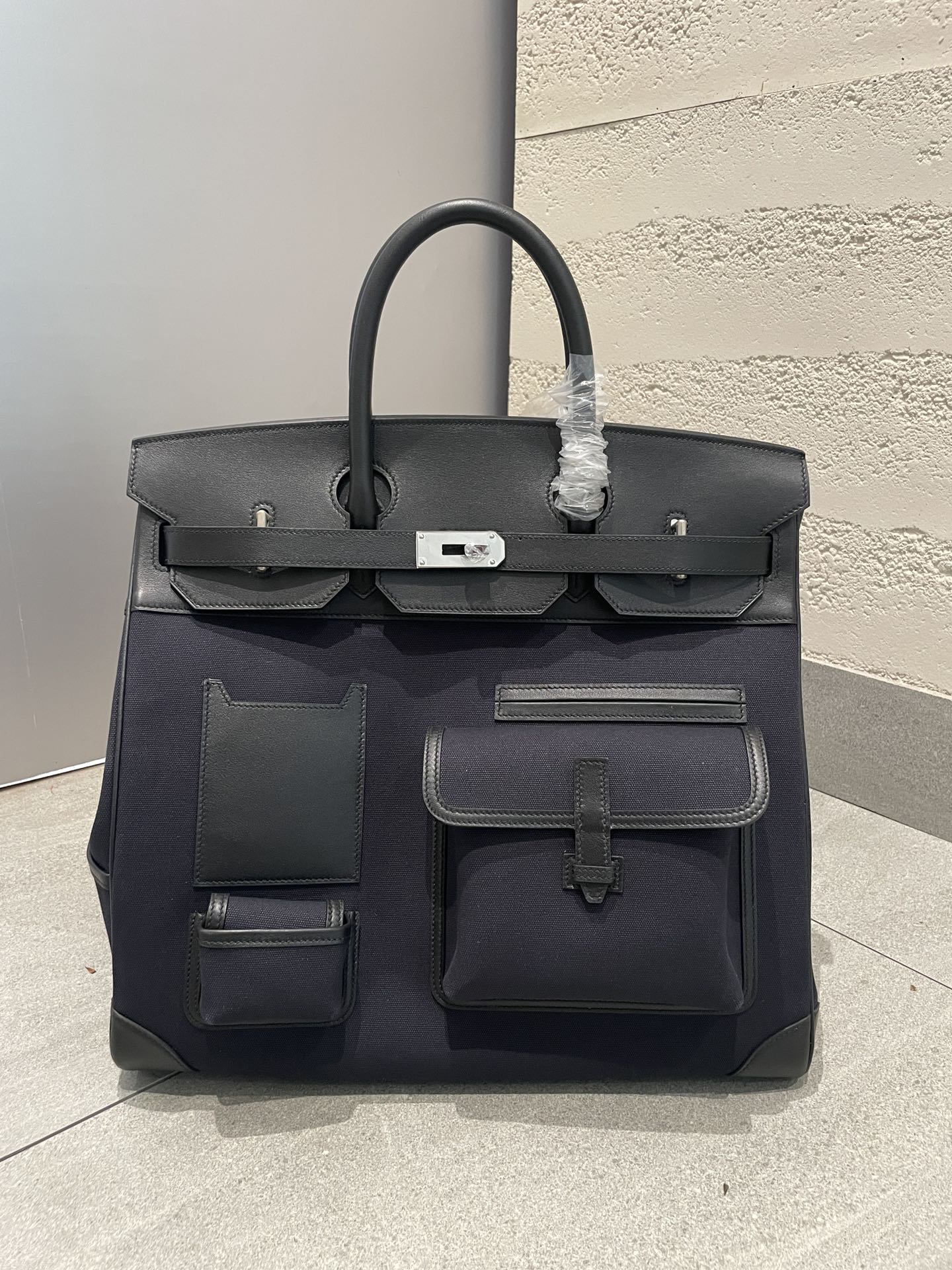 Large Multi-Pocket Canvas and Leather Top Handle Satchel Bag - Black