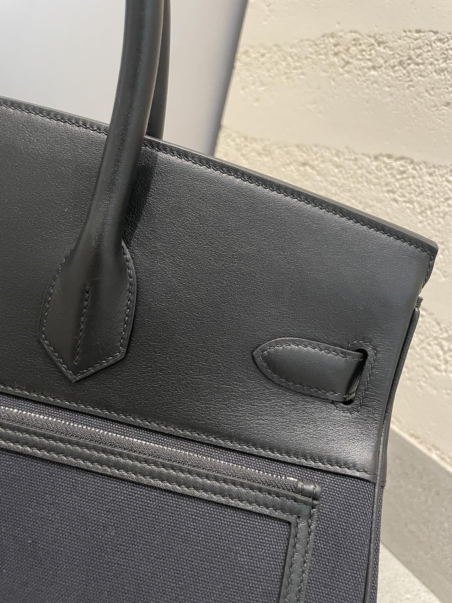 Large Multi-Pocket Canvas and Leather Top Handle Satchel Bag - Black