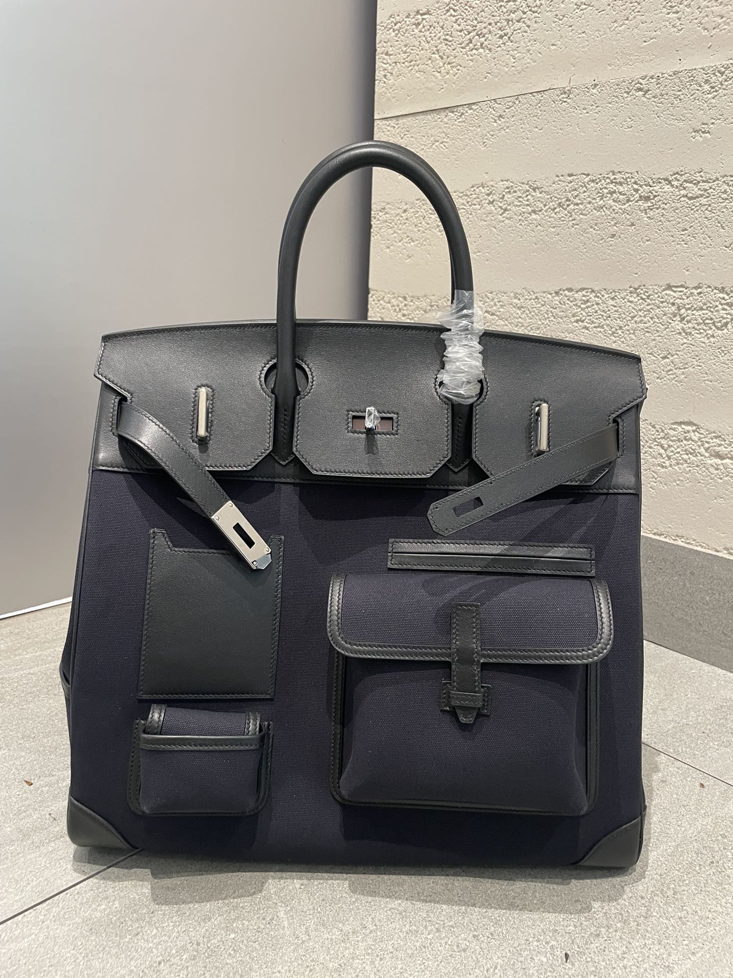 Large Multi-Pocket Canvas and Leather Top Handle Satchel Bag - Black
