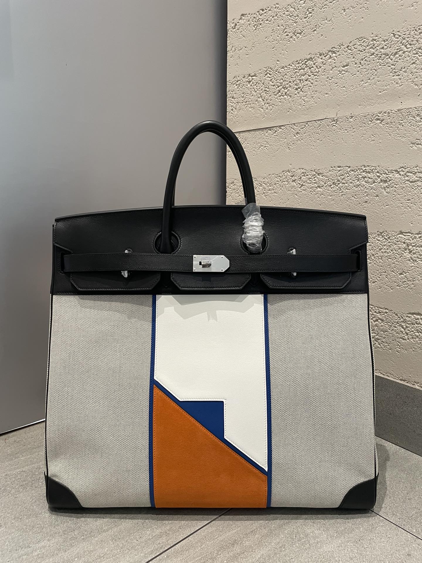 Luxury Canvas and Leather Large Tote Bag - Multicolor Geometric Design
