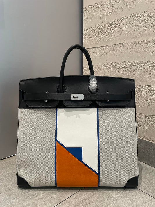 Luxury Canvas and Leather Large Tote Bag - Multicolor Geometric Design