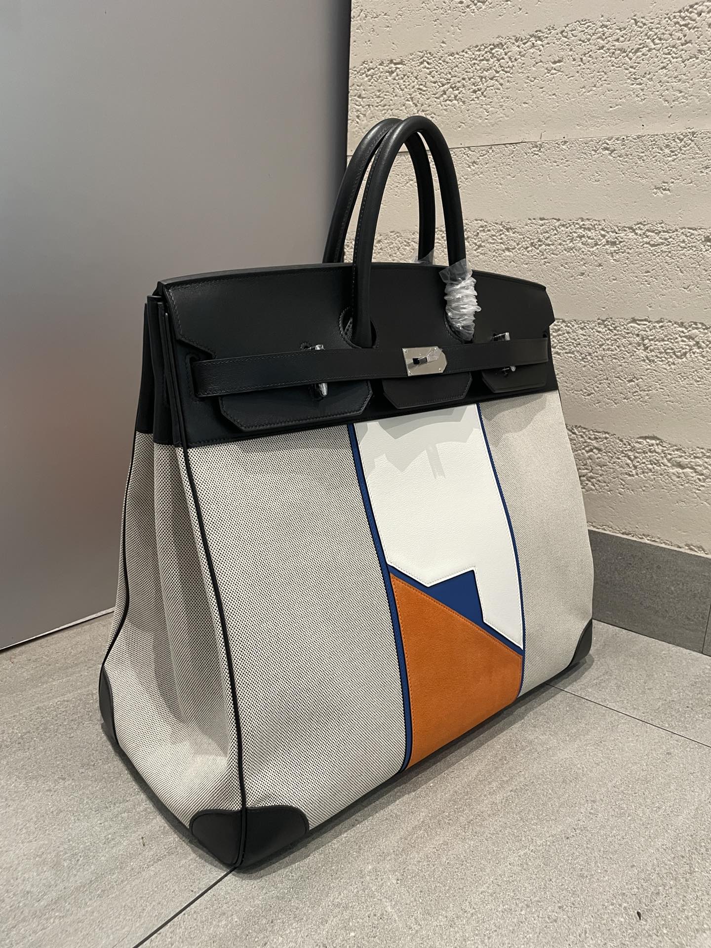 Luxury Canvas and Leather Large Tote Bag - Multicolor Geometric Design