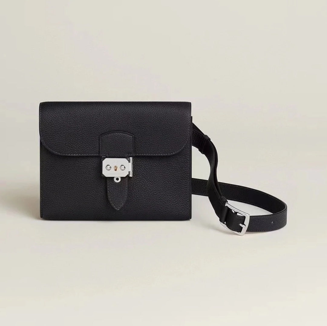 Luxury Black Leather Belt Bag - Compact Crossbody Waist Pouch with Silver Buckle