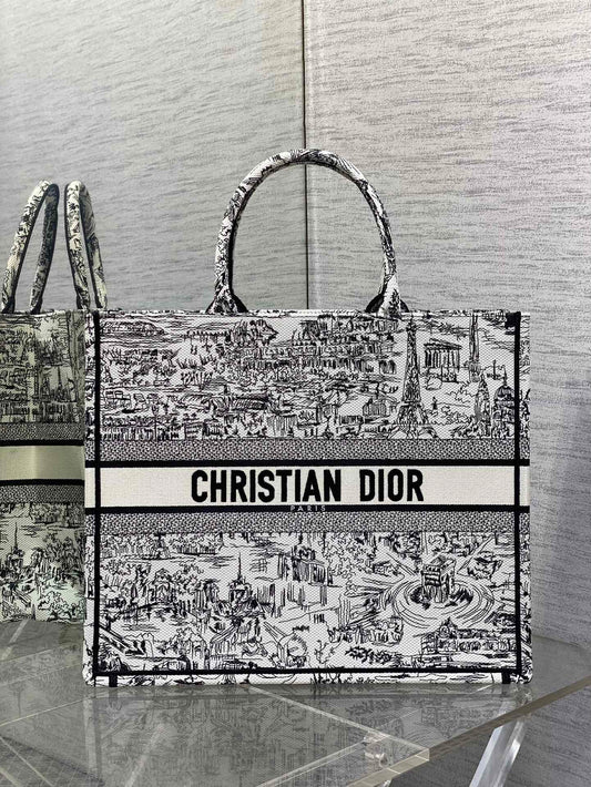 Christian Dior Large Book Tote Bag - White and Black Plan de Paris Embroidery