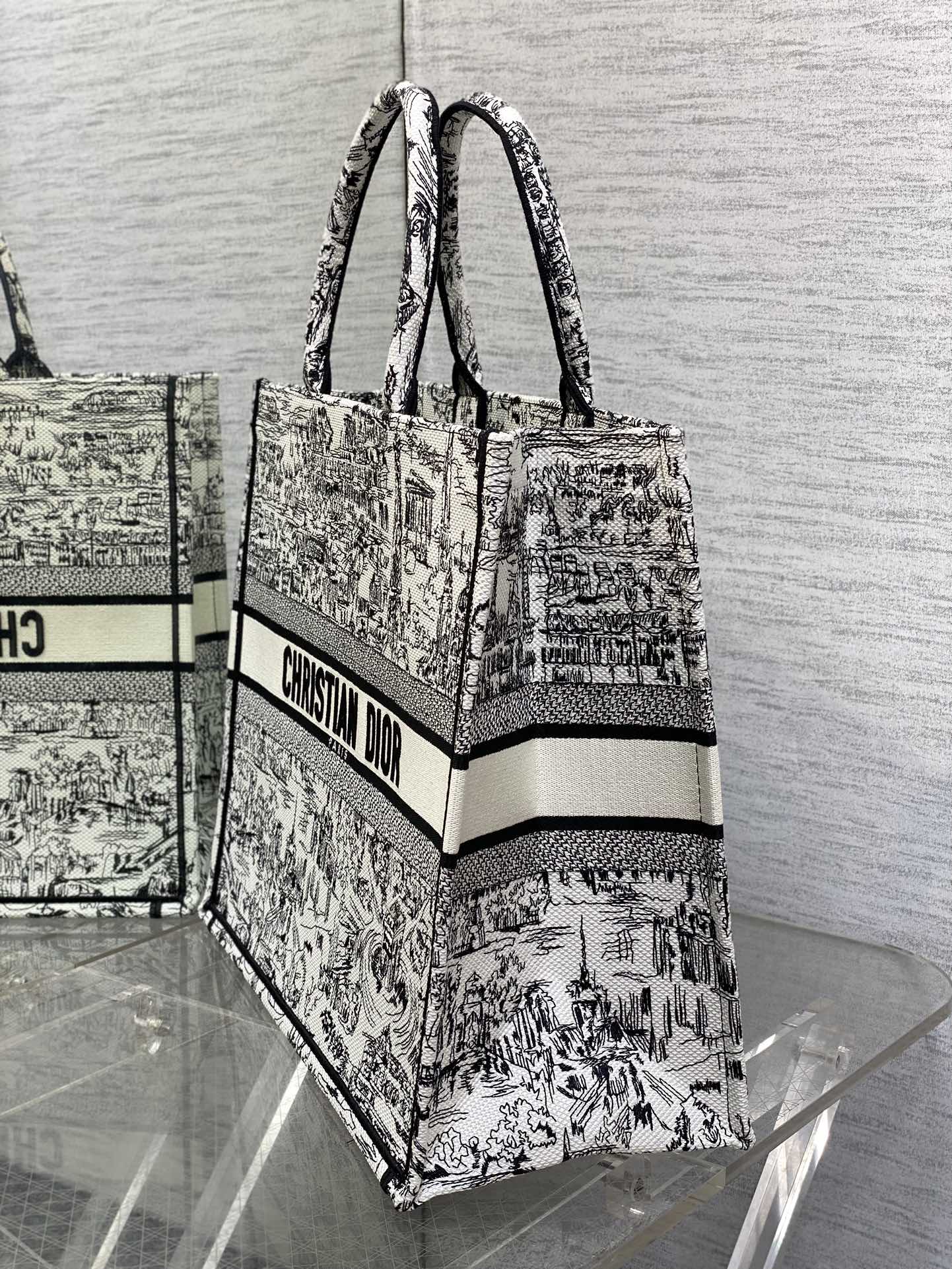 Christian Dior Large Book Tote Bag - White and Black Plan de Paris Embroidery