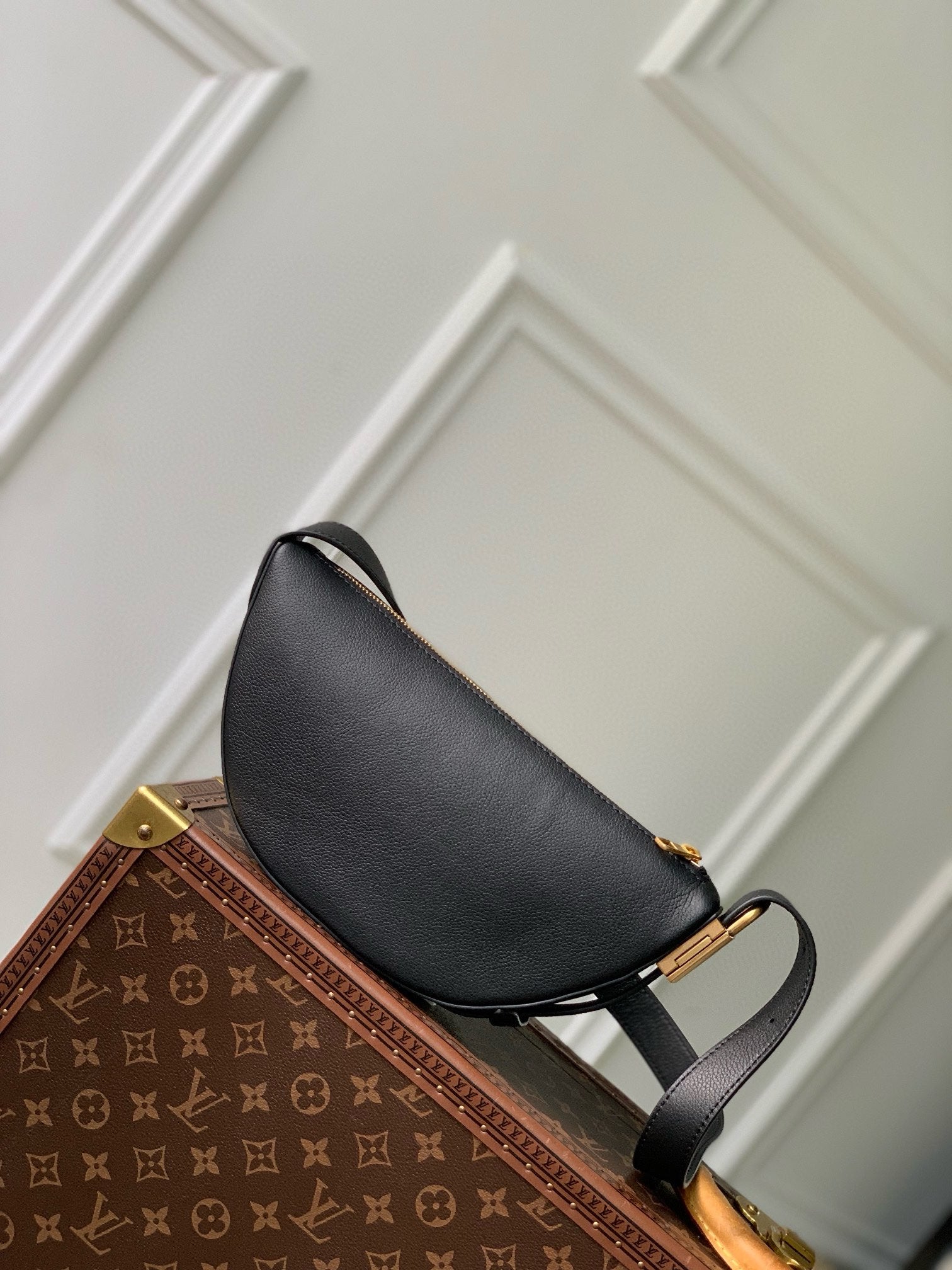 Louis Vuitton Black Leather Belt Bag with Gold Hardware