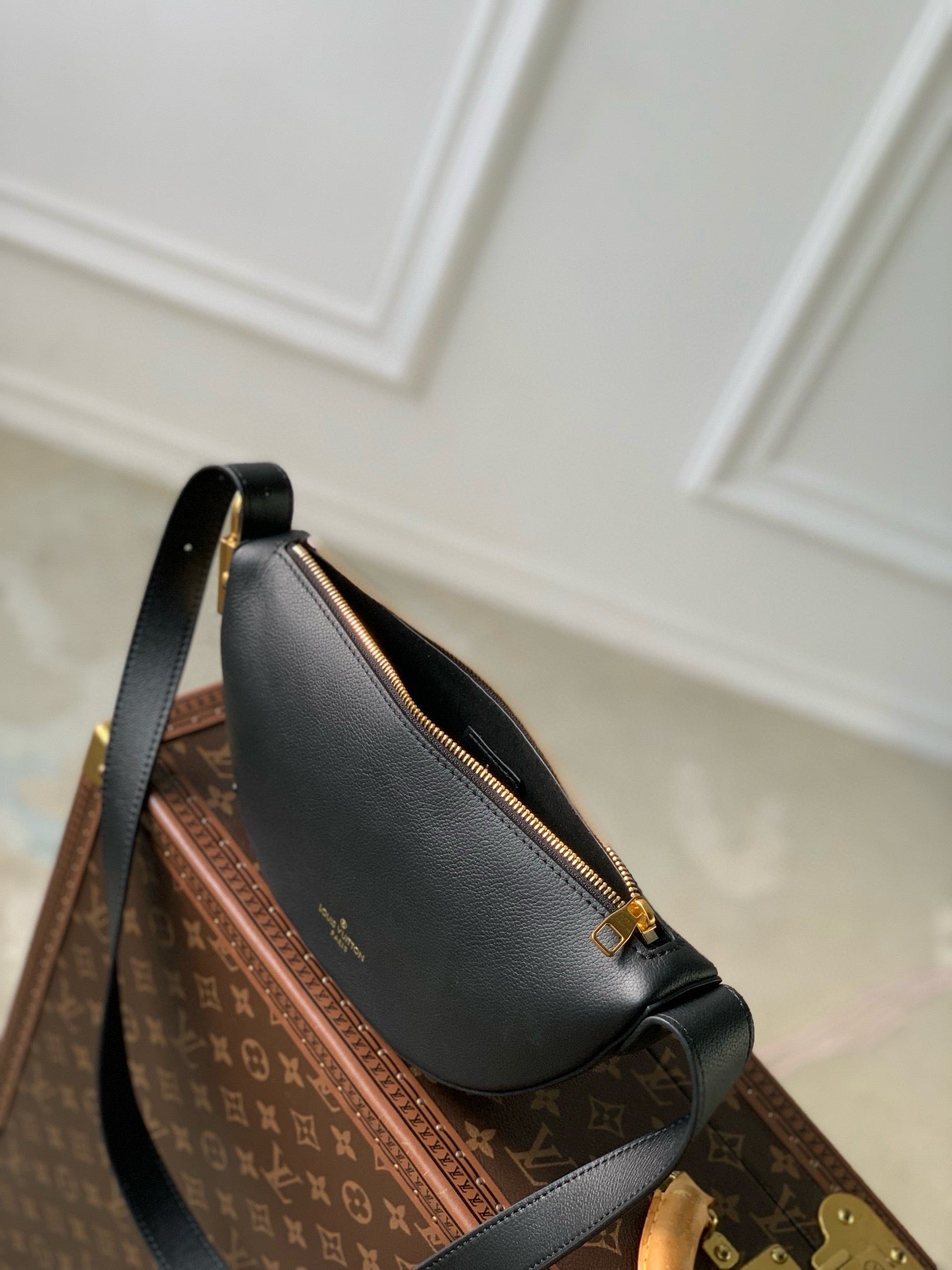 Louis Vuitton Black Leather Belt Bag with Gold Hardware