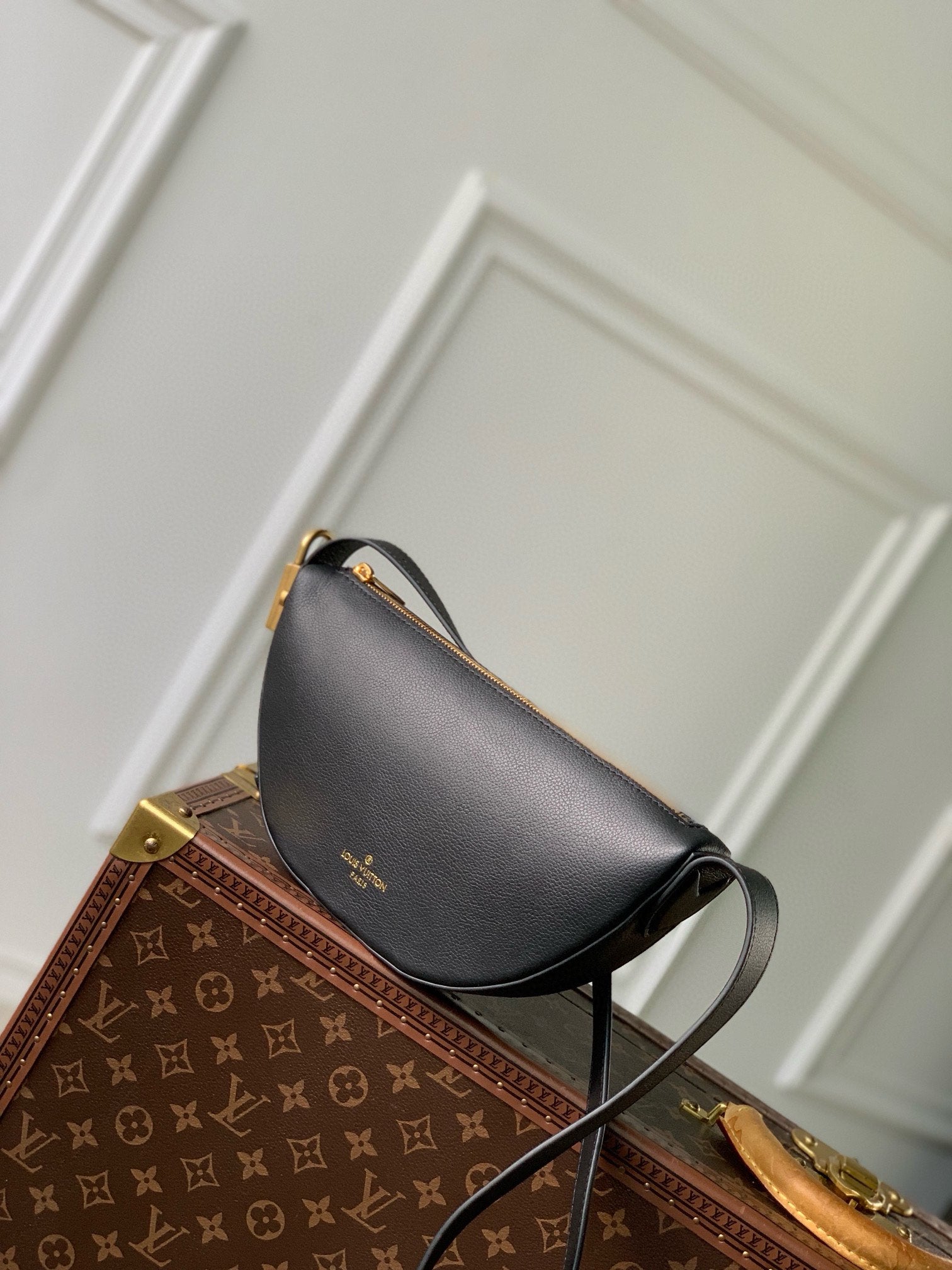 Louis Vuitton Black Leather Belt Bag with Gold Hardware
