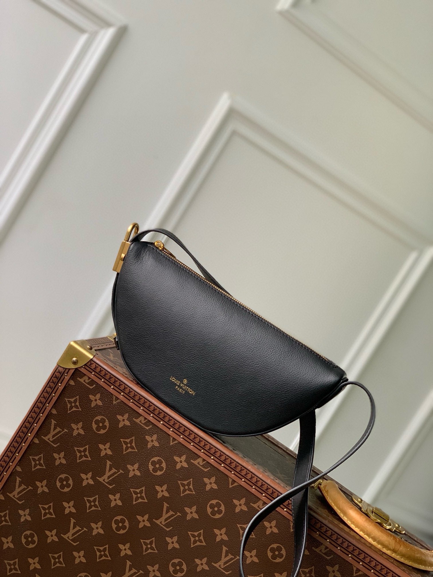 Louis Vuitton Black Leather Belt Bag with Gold Hardware