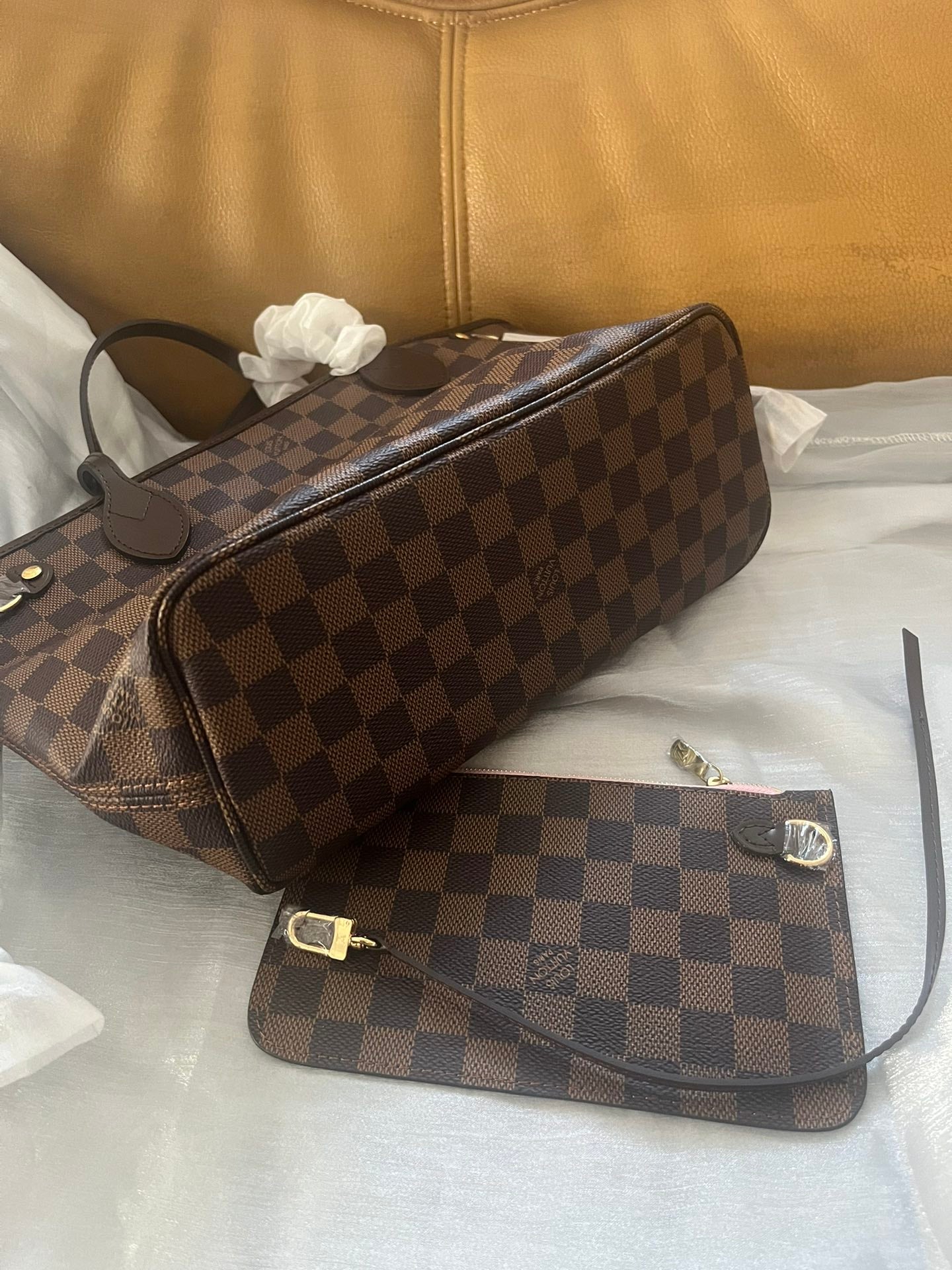 Louis Vuitton Neverfull MM Damier Ebene Canvas Tote Bag with Pouch - Rose Ballerine