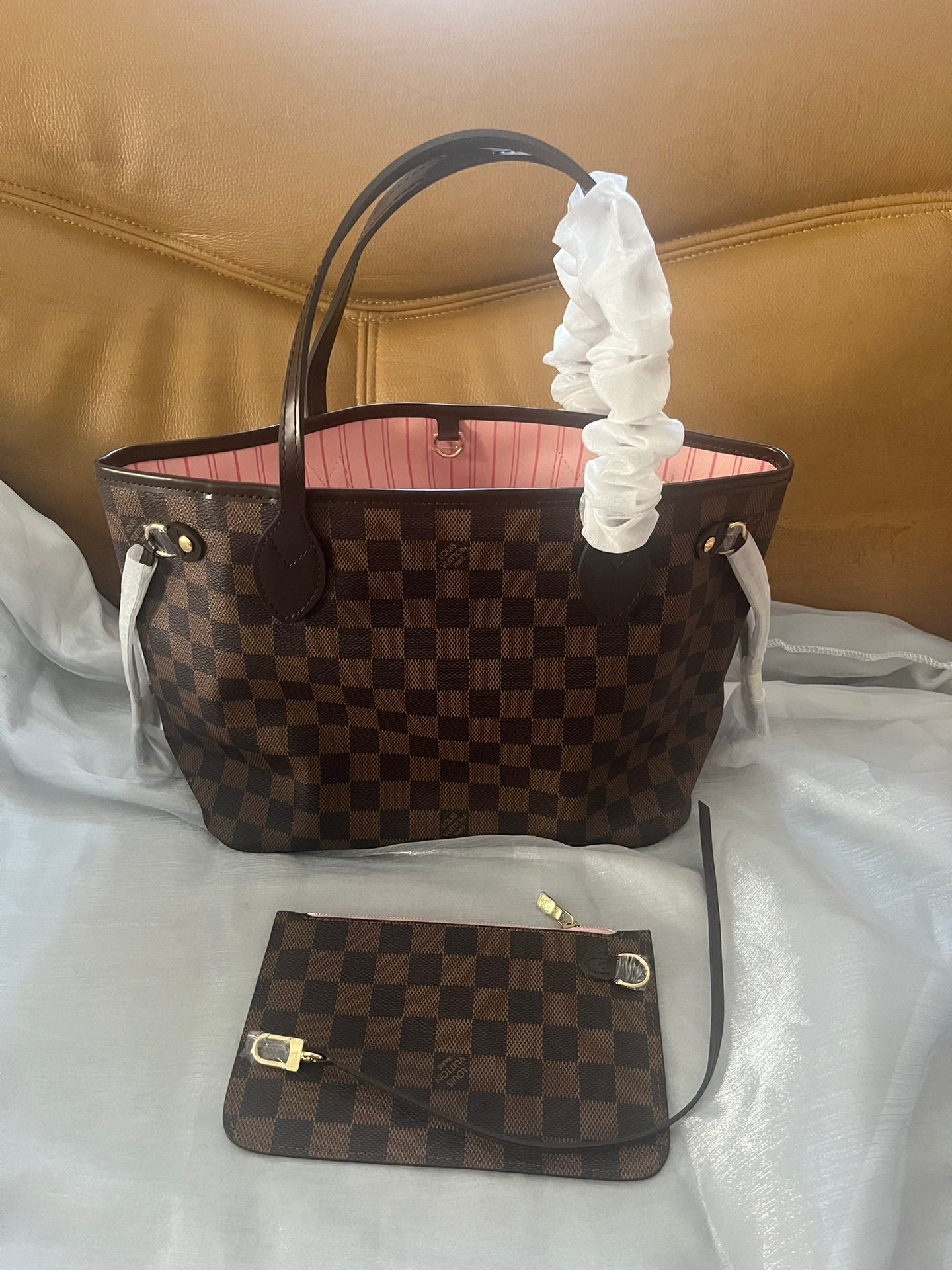 Louis Vuitton Neverfull MM Damier Ebene Canvas Tote Bag with Pouch - Rose Ballerine