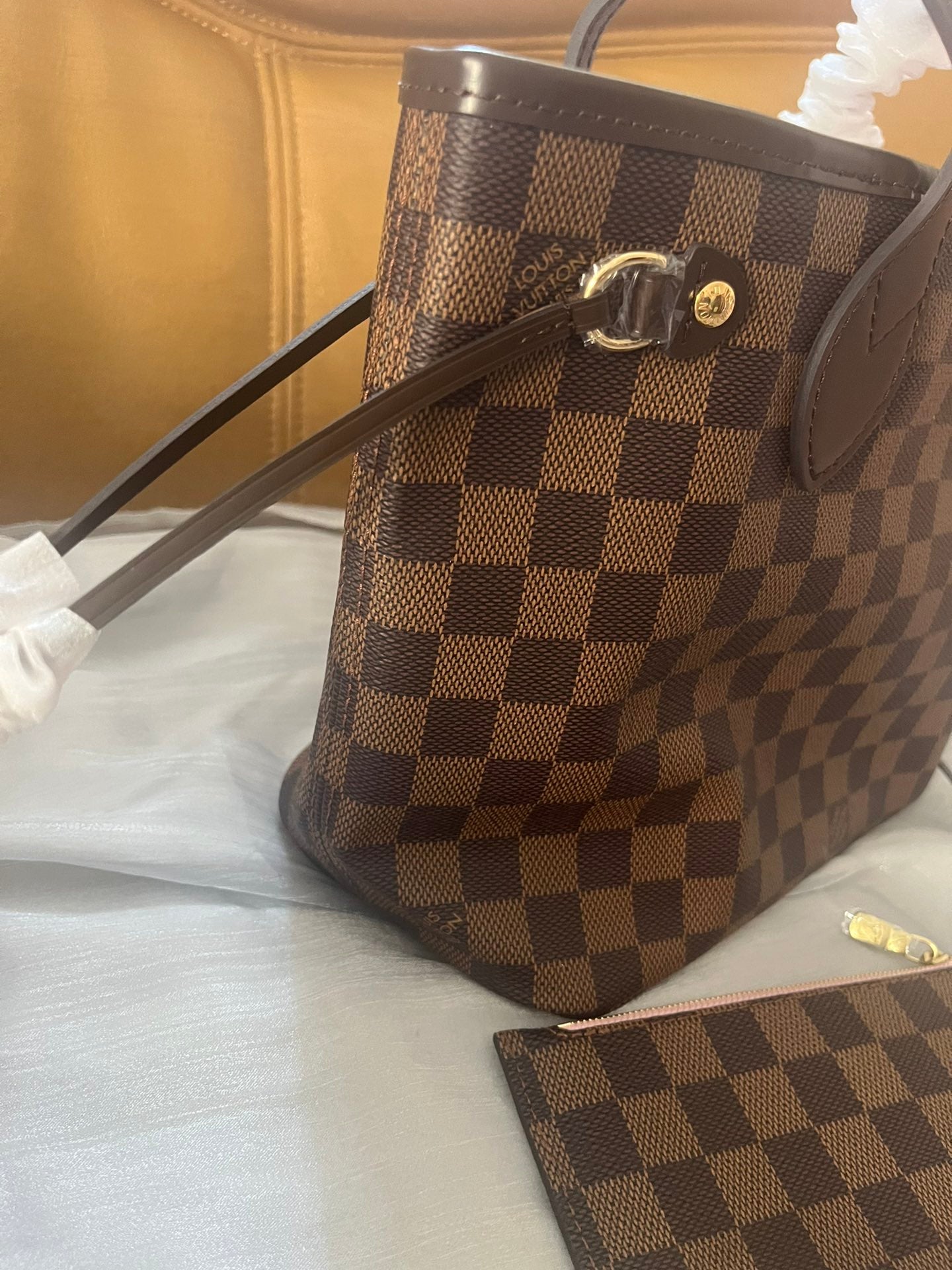 Louis Vuitton Neverfull MM Damier Ebene Canvas Tote Bag with Pouch - Rose Ballerine