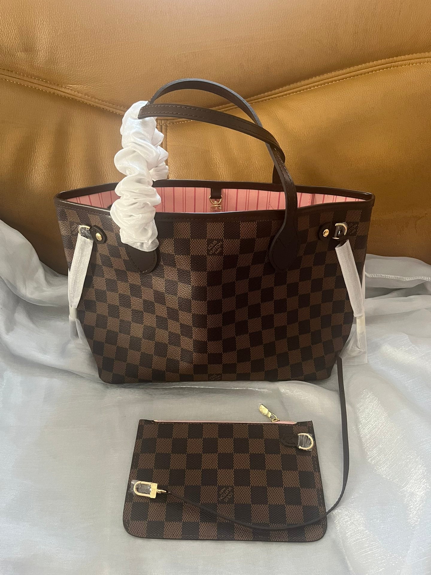 Louis Vuitton Neverfull MM Damier Ebene Canvas Tote Bag with Pouch - Rose Ballerine
