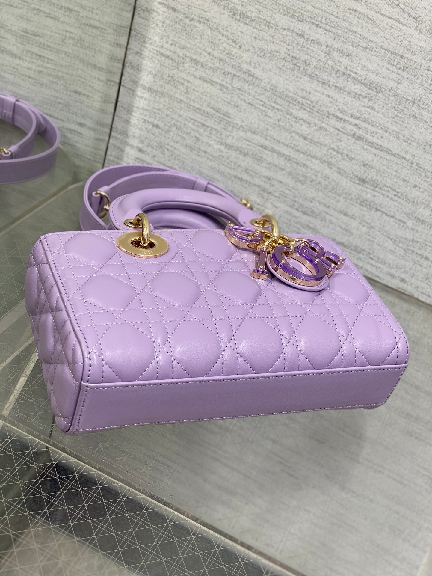 Dior Lavender Quilted Leather Handbag with Detachable Shoulder Strap