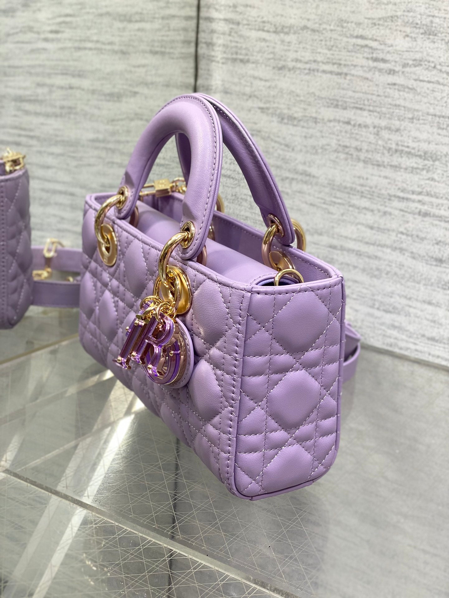 Dior Lavender Quilted Leather Handbag with Detachable Shoulder Strap