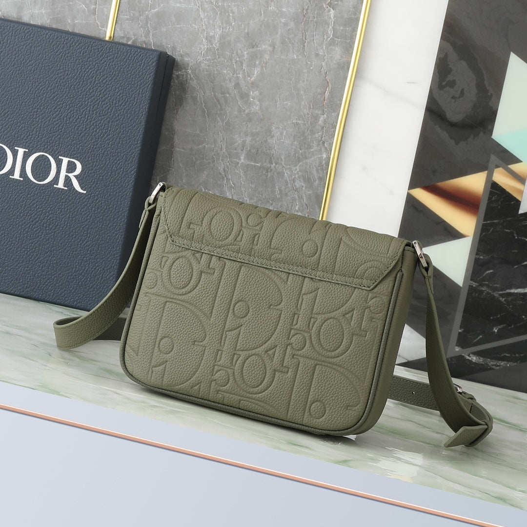 Dior Olive Green Embossed Leather Messenger Bag with Adjustable Strap