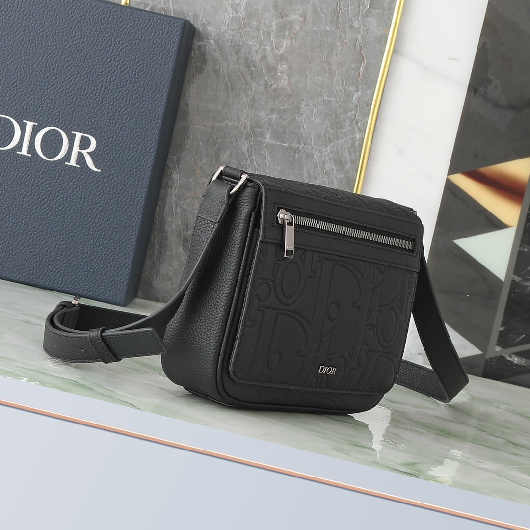Dior Black Embossed Leather Messenger Bag - Luxury Crossbody Shoulder Bag