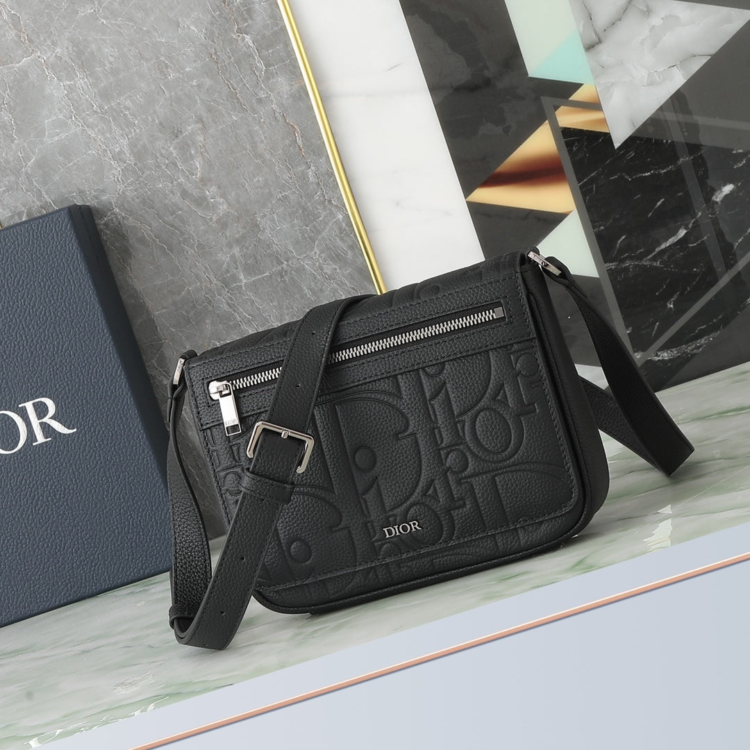 Dior Black Embossed Leather Messenger Bag - Luxury Crossbody Shoulder Bag