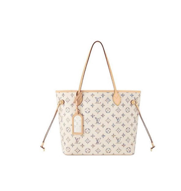 Louis Vuitton Neverfull MM Tote Bag - White Monogram Canvas with Leather Trim