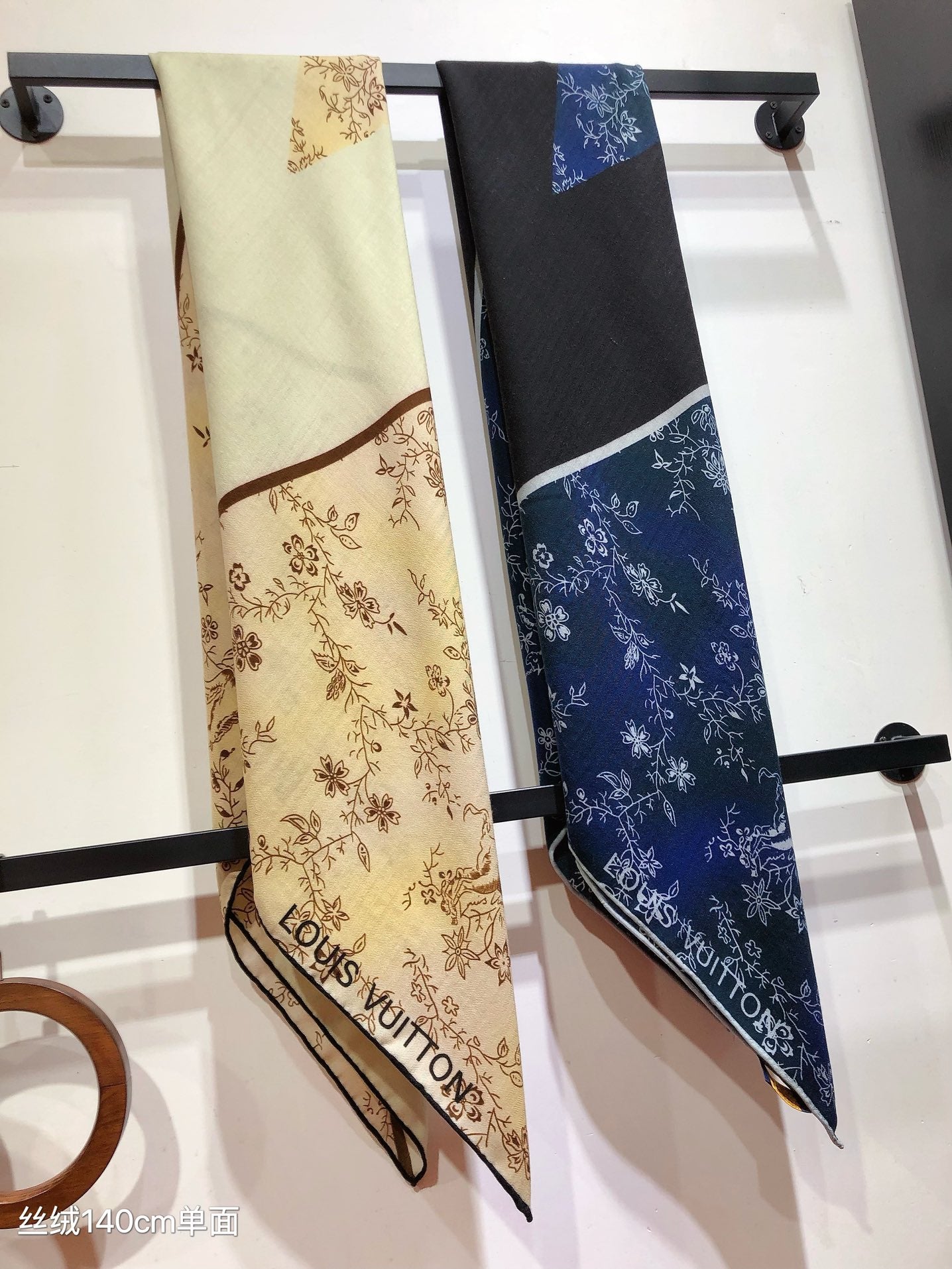 Louis Vuitton Floral Silk Scarf - Designer Logo Print Neck Scarf for Women, Cream and Navy Blue