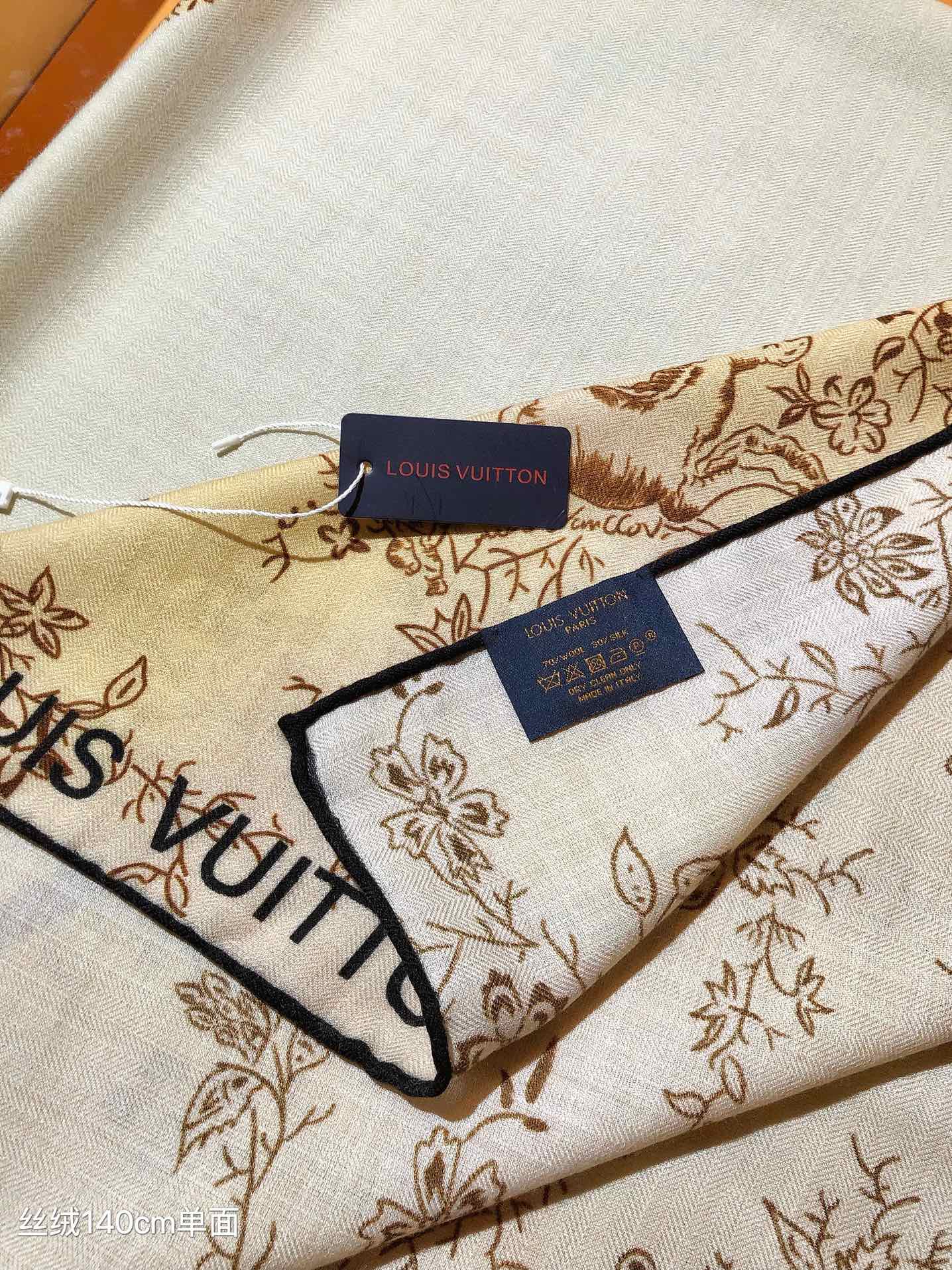 Louis Vuitton Floral Silk Scarf - Designer Logo Print Neck Scarf for Women, Cream and Navy Blue
