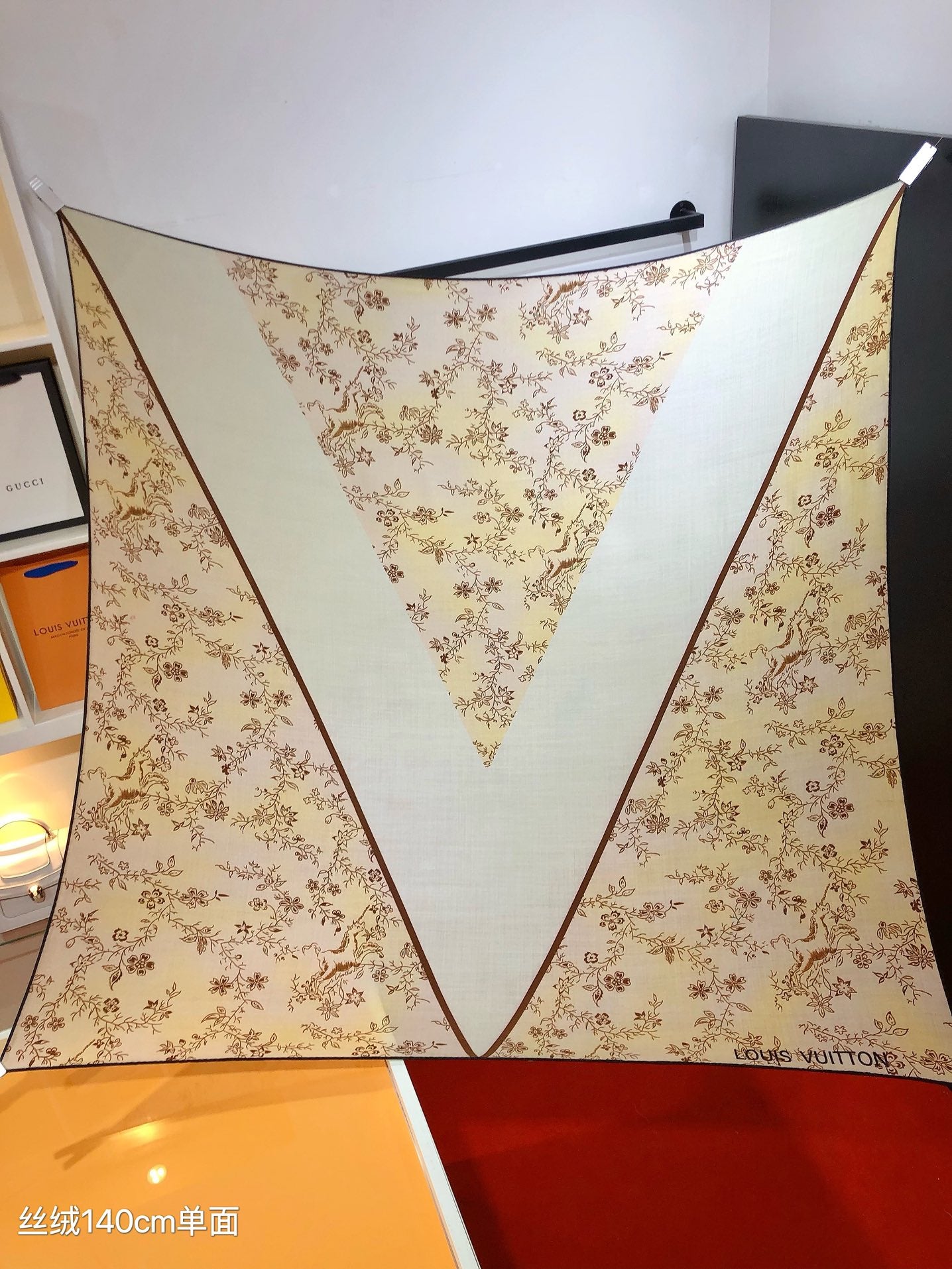 Louis Vuitton Floral Silk Scarf - Designer Logo Print Neck Scarf for Women, Cream and Navy Blue