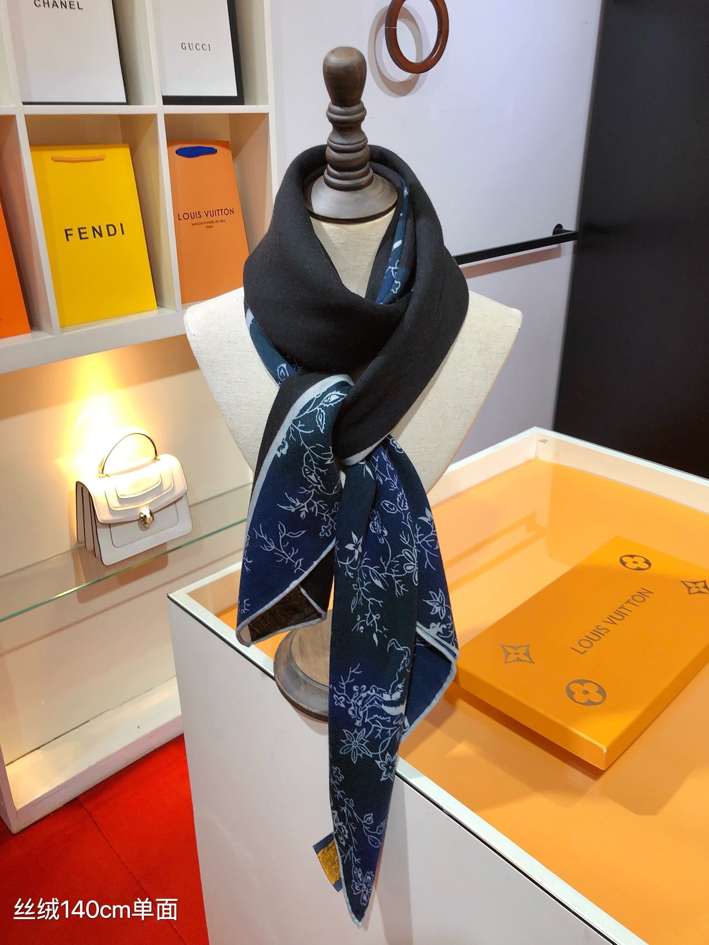 Louis Vuitton Women's Floral Silk Scarf, Designer Patterned Neck Accessory - Beige and Navy