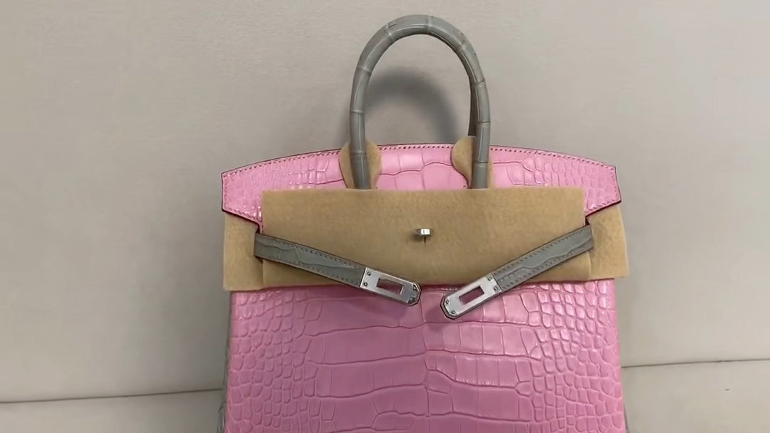 Pink Crocodile Embossed Leather Handbag with Grey Contrast Trim