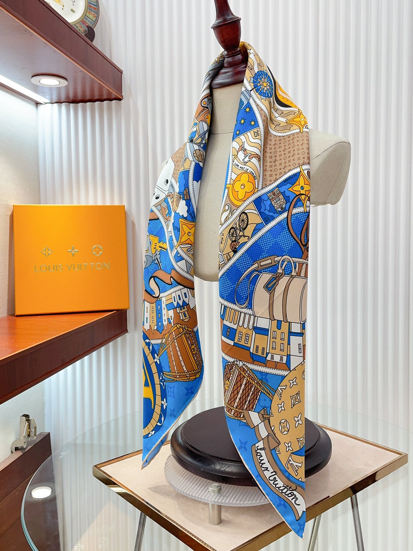 Women's Blue Silk Scarf with Monogram Print and Illustrated Design - Elegant Fashion Neck Accessory