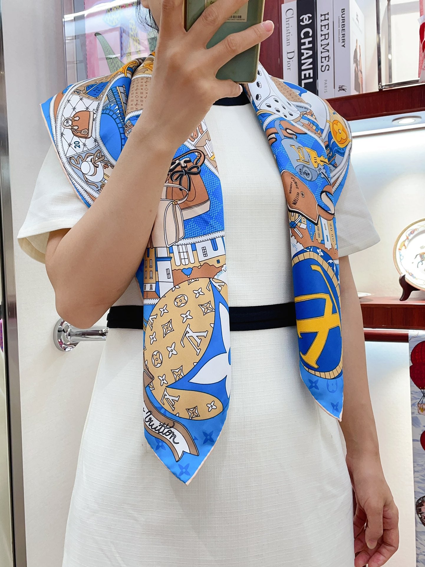 Women's Blue Silk Scarf with Monogram Print and Illustrated Design - Elegant Fashion Neck Accessory