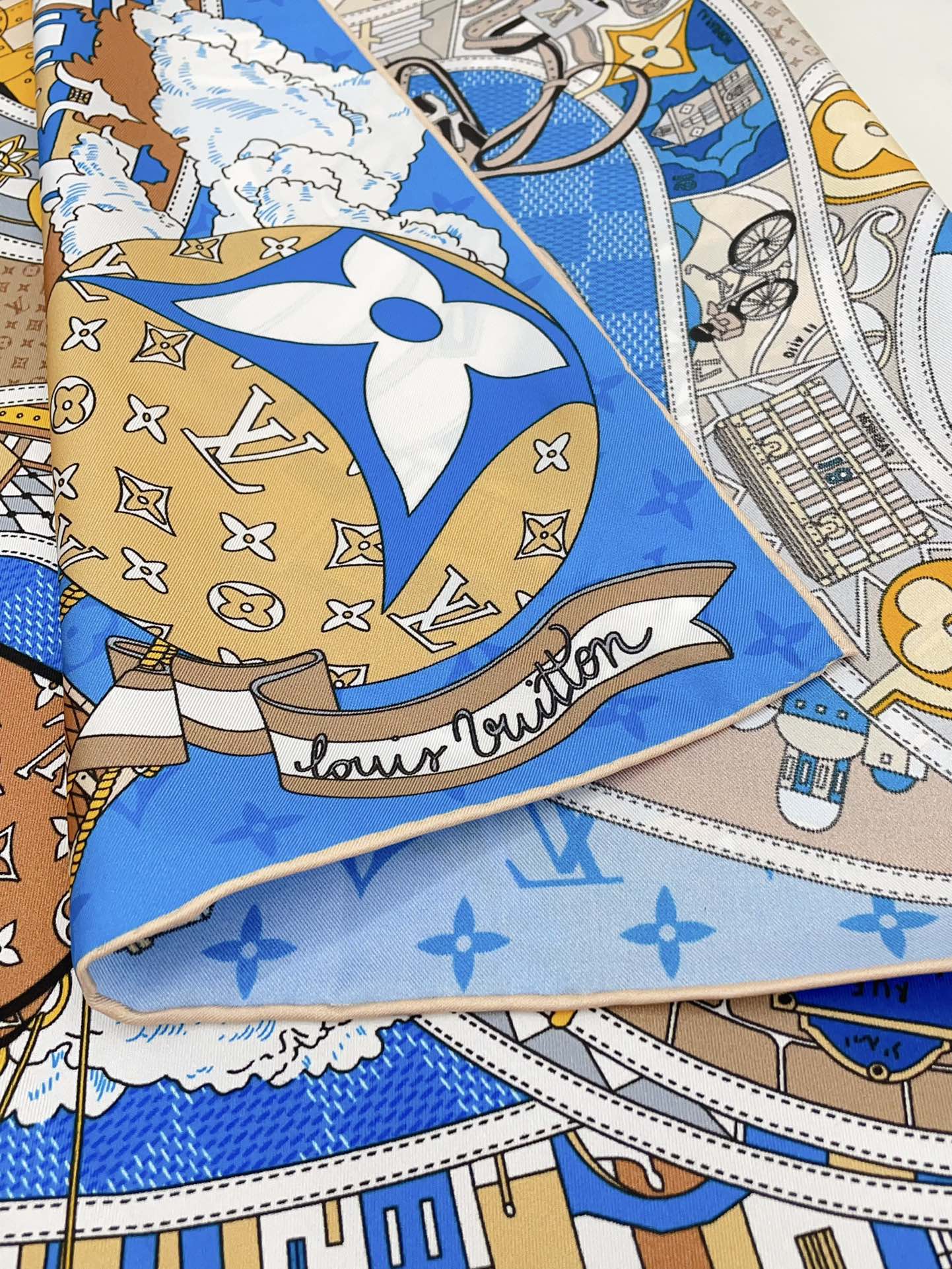 Women's Blue Silk Scarf with Monogram Print and Illustrated Design - Elegant Fashion Neck Accessory