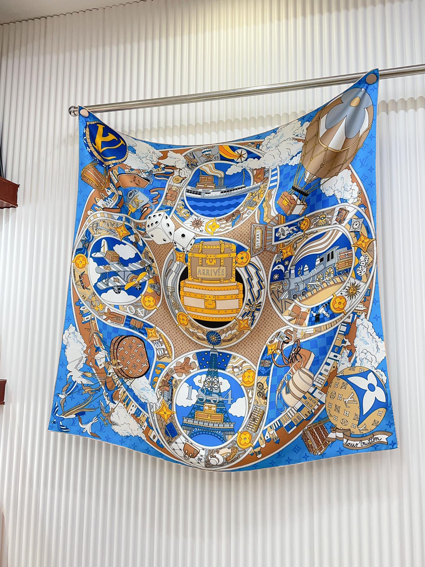 Women's Blue Silk Scarf with Monogram Print and Illustrated Design - Elegant Fashion Neck Accessory