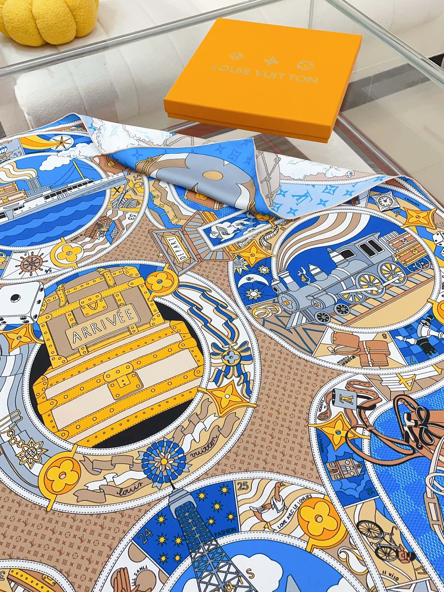 Women's Blue Silk Scarf with Monogram Print and Illustrated Design - Elegant Fashion Neck Accessory