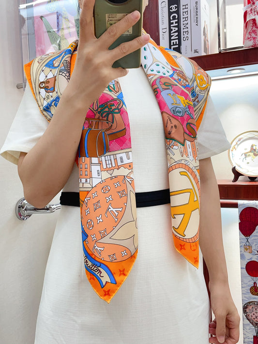 Luxury Multicolored Graphic Printed Silk Scarf for Women, Elegant Neckerchief Fashion Accessory