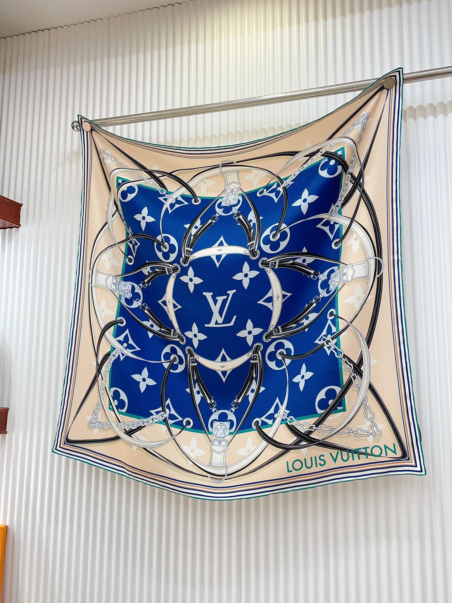 Designer Monogram Silk Scarf for Women - Blue and Beige Luxury Neck Scarf Accessory with Floral and Chain Print