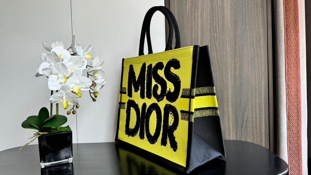 Christian Dior Miss Dior Book Tote Yellow and Black Graffiti Print Large Bag