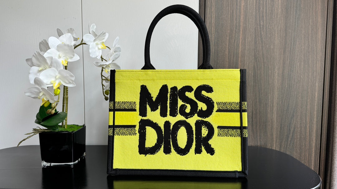 Dior Miss Dior Graffiti Yellow Canvas Tote Bag - Large Designer Handbag