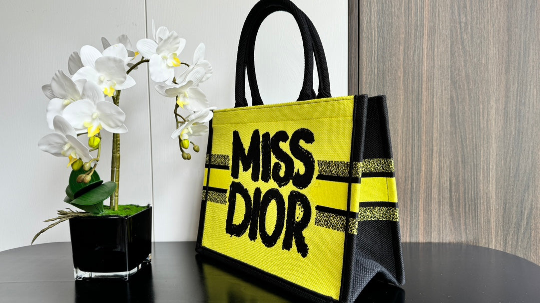 Dior Miss Dior Graffiti Yellow Canvas Tote Bag - Large Designer Handbag