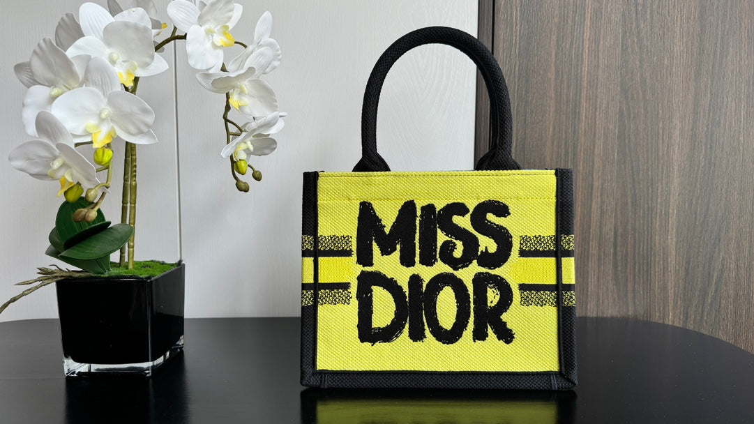Christian Dior Miss Dior Graffiti Book Tote - Small Yellow & Black Canvas Handbag