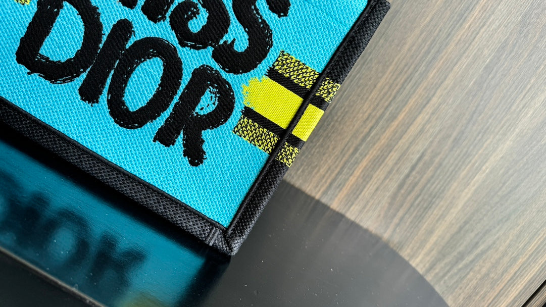 Dior Yellow and Black Graffiti Print Canvas Top Handle Tote Bag