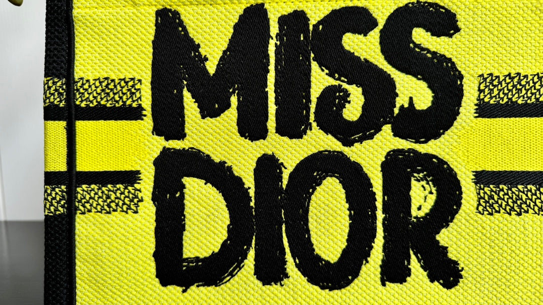 Christian Dior Miss Dior Mini Book Tote - Yellow and Black Embroidered Canvas