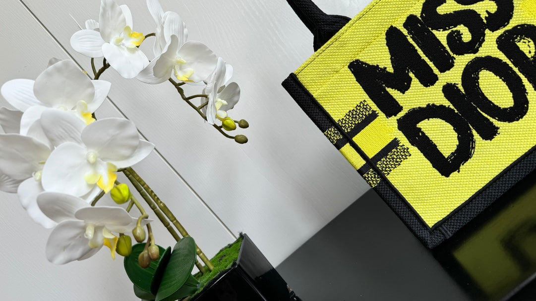 Christian Dior Miss Dior Mini Book Tote - Yellow and Black Embroidered Canvas