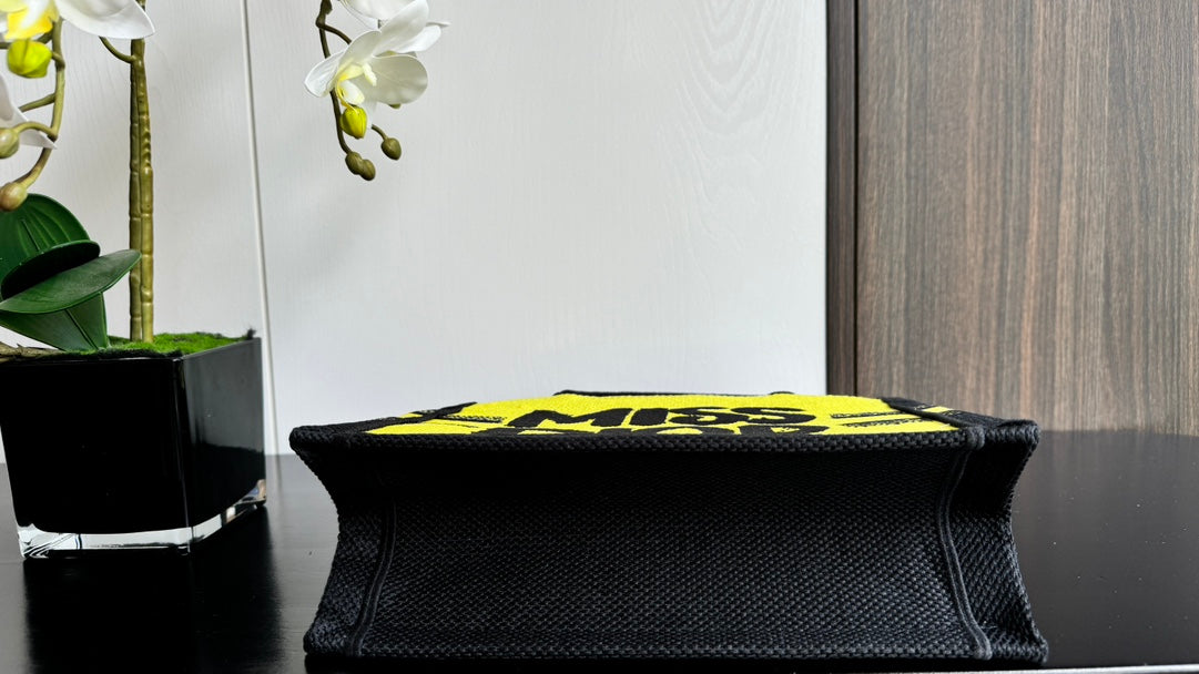 Christian Dior Miss Dior Graffiti Book Tote - Small Yellow & Black Canvas Handbag