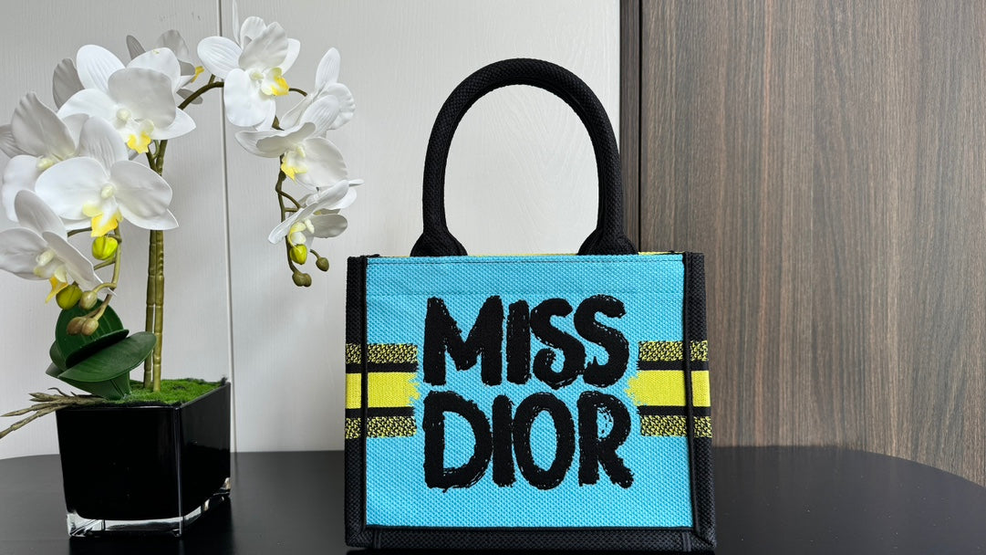 Christian Dior Miss Dior Mini Book Tote - Yellow and Black Embroidered Canvas