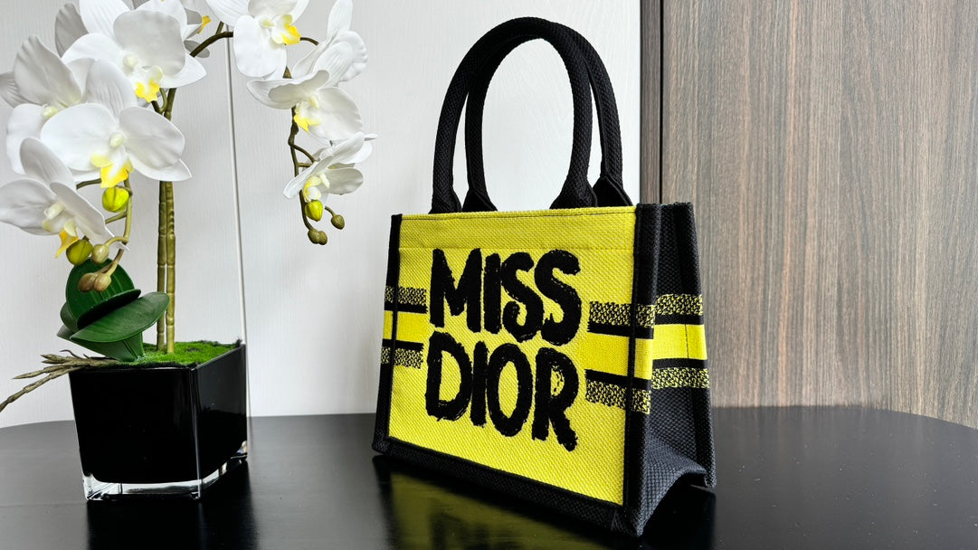 Christian Dior Miss Dior Graffiti Book Tote - Small Yellow & Black Canvas Handbag