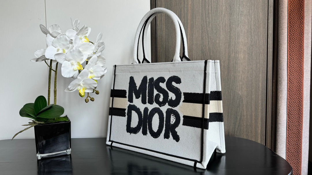 Christian Dior Miss Dior Graffiti Book Tote Bag - White and Black Canvas
